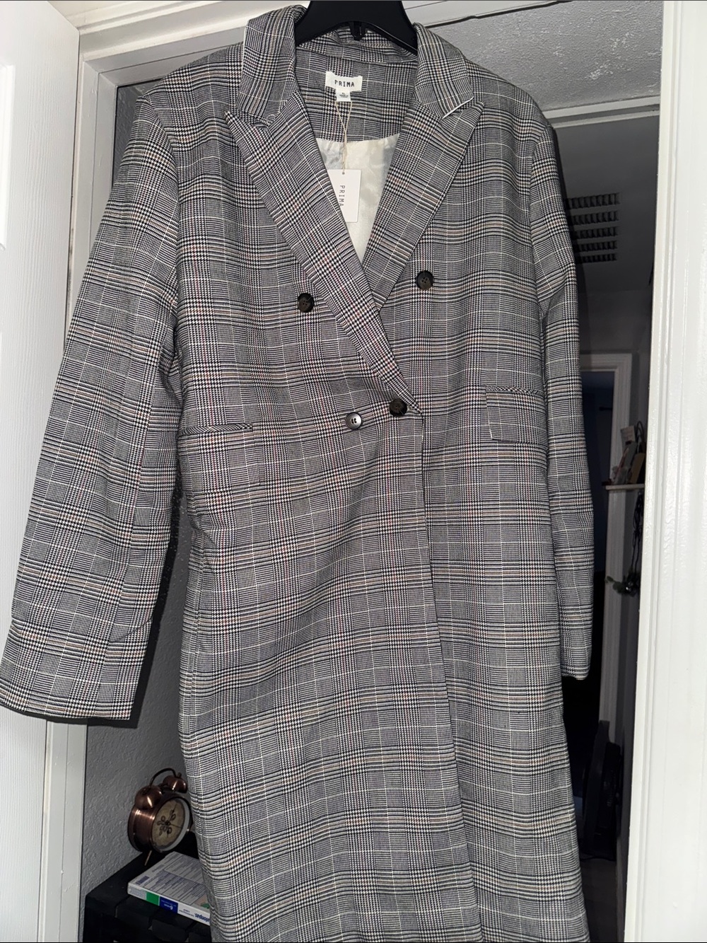 Zara Gray Plaid Double-Breasted Blazer Coat